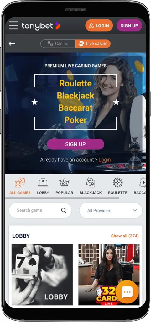 aplicación móvil TonyBet