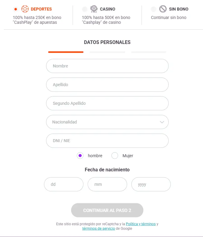 proceso de registro TonyBet